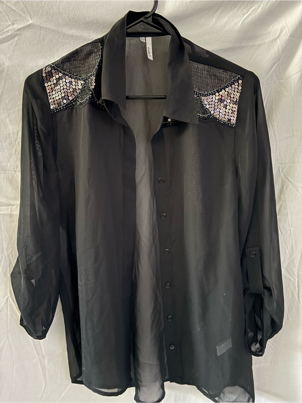 Black Womens Sheer Button-Up Shirt with Sequin Shoulder Accents
